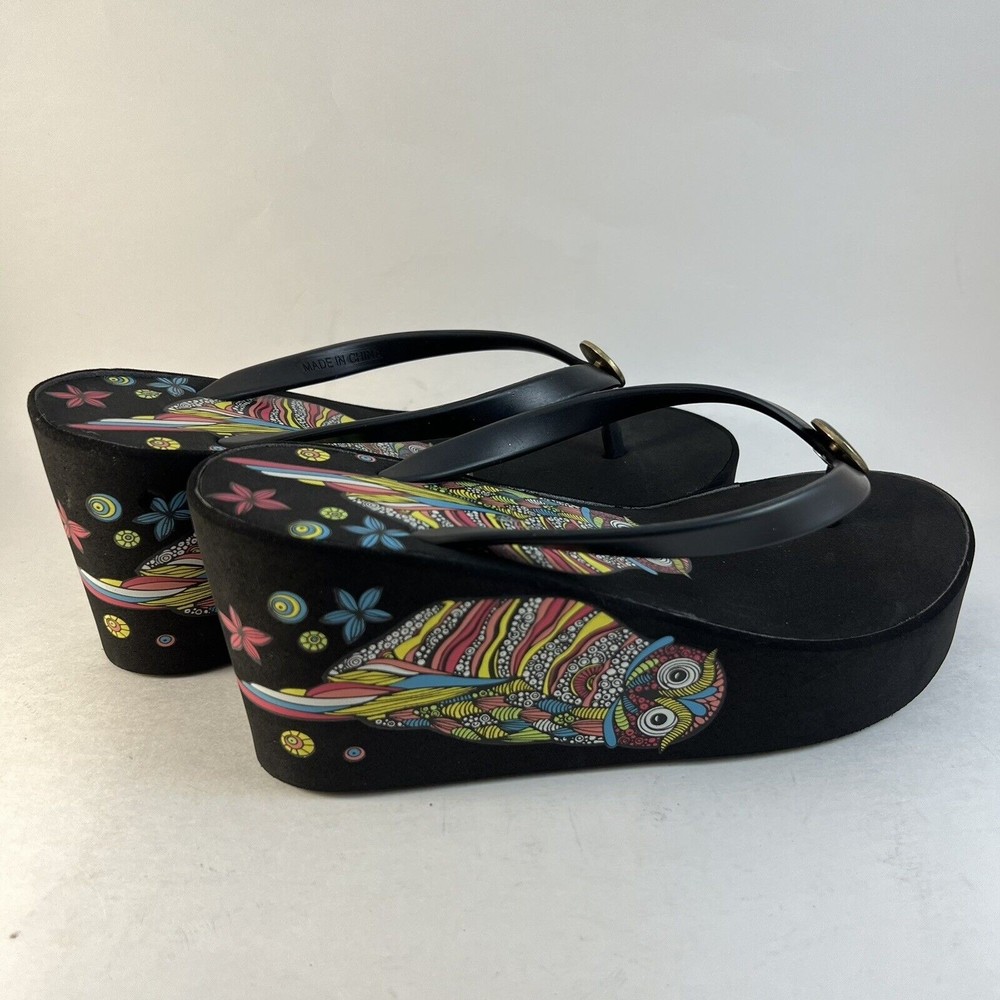 Black Cartoon Designer Owl Platform Colorful Logo  Print Sandals 6?